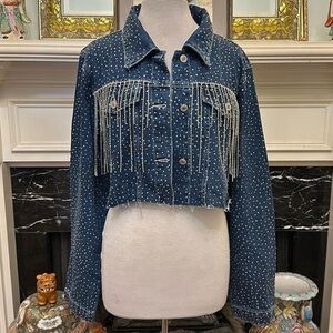 Denim Fringe Jacket with Pearl Accents